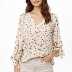 CeCe Cream Off White Floral Blouse Long sleeve Boho Lightweight Casual Top S